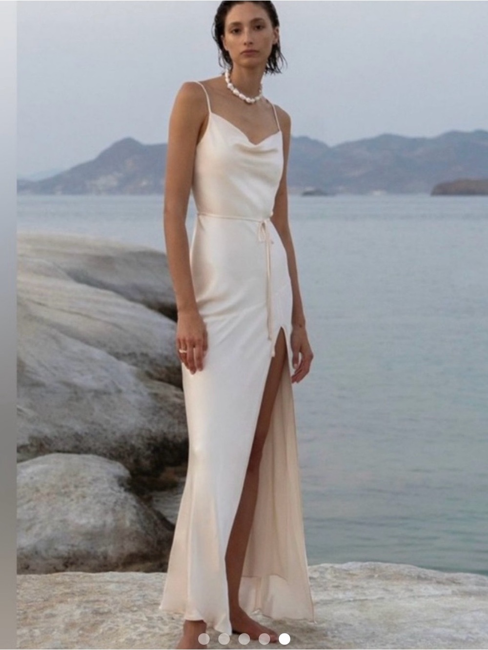 Satin Cream Maxi Slip Dress with High Side Slit